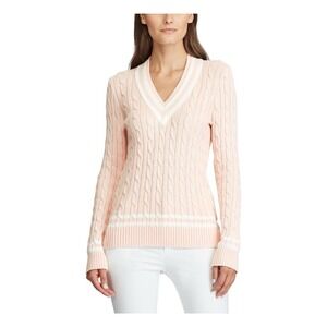 Ralph Lauren Varsity Striped Cricket Cable Knit V Neck Sweater Pink Size M